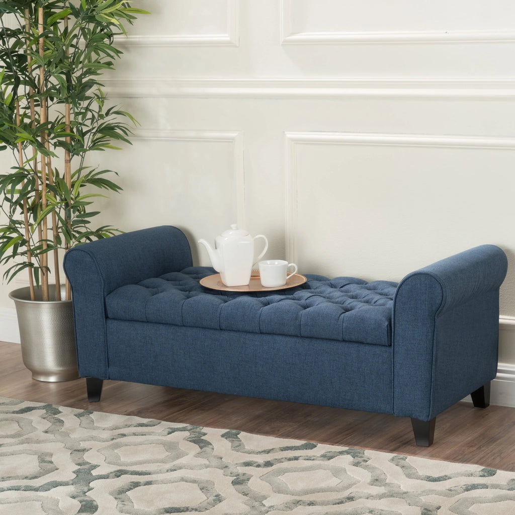 Noble House Amanda Dark Blue Fabric Armed Storage Bench