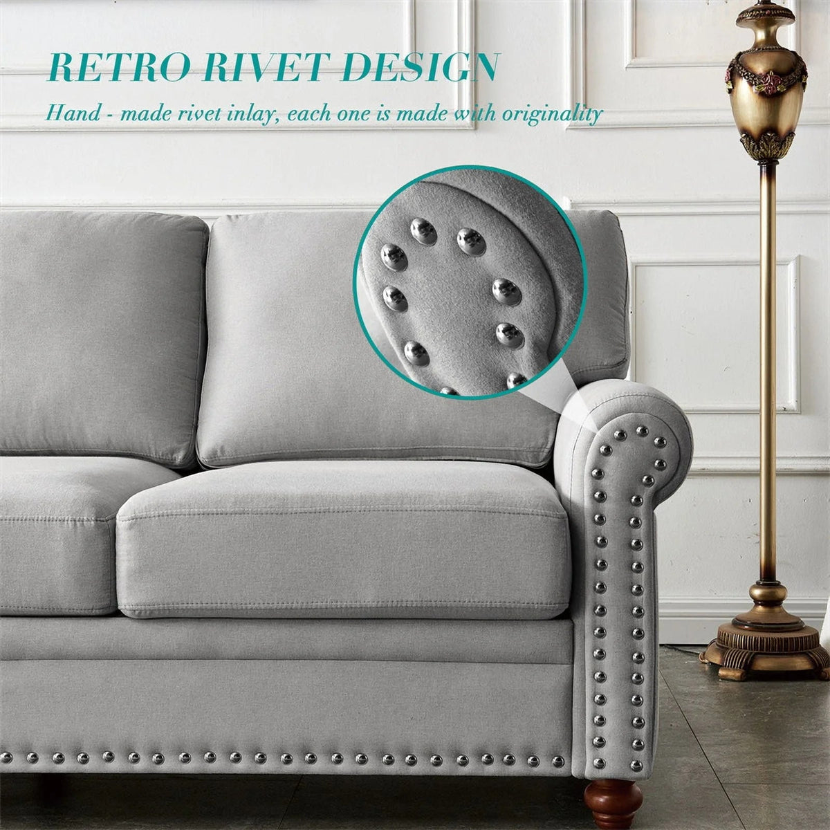 3 Seater Linen Fabric Tufted Accent Sofa, 82.6 in, Grey - Curved High Back