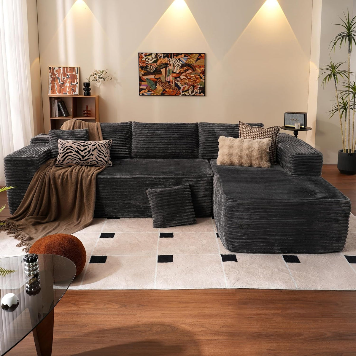 ovios 104in L-Shape Sectional Sofa With Chaise, Grey Plush Corduroy Fabric