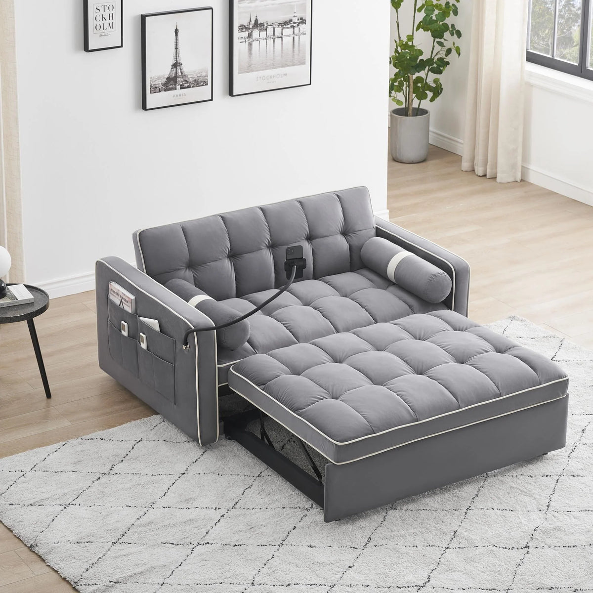 GNIXUU 3 In 1 Sleeper Sofa Couch Bed, Tufted Velvet Convertible Loveseat Futon, Gray, 55.5in