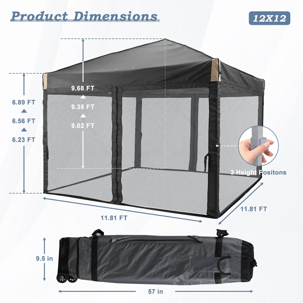 Aoodor Pop Up Canopy 12'x12' With Removable Mesh Sidewalls - Black