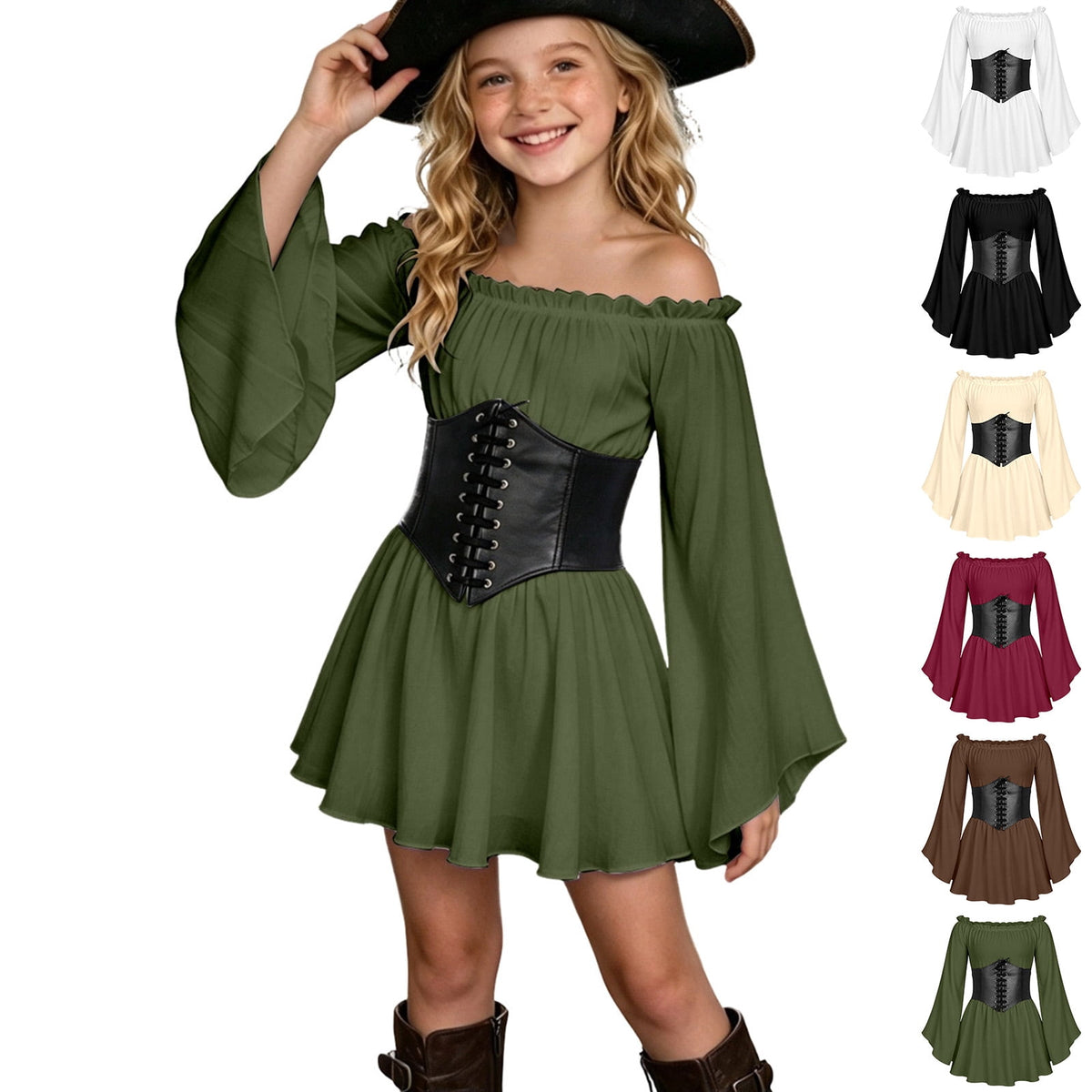Kids Off the Shoulder Pirate Dresses with Sash Two Piece Set Pirate Costume Halloween Cosplay Halloween Costume Kids Size 4-14 Years