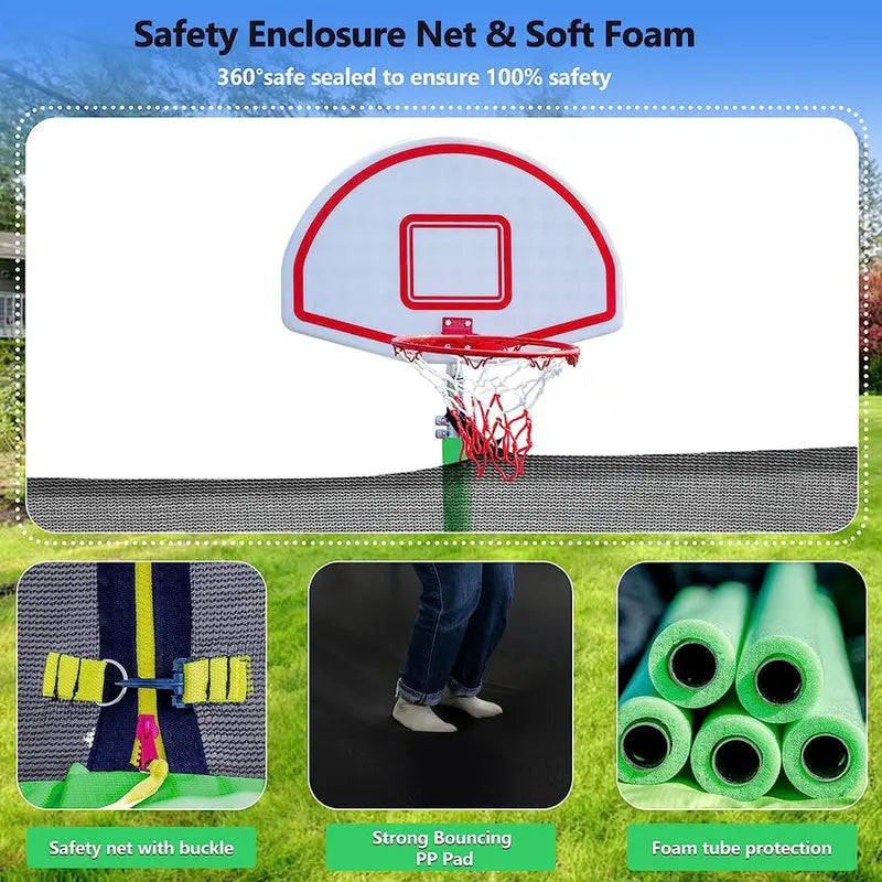 Trampoline With Enclosure Net And Adjustable Basketball Hoop - 8ft, 10ft, 12ft, 14ft, 15ft, 16ft