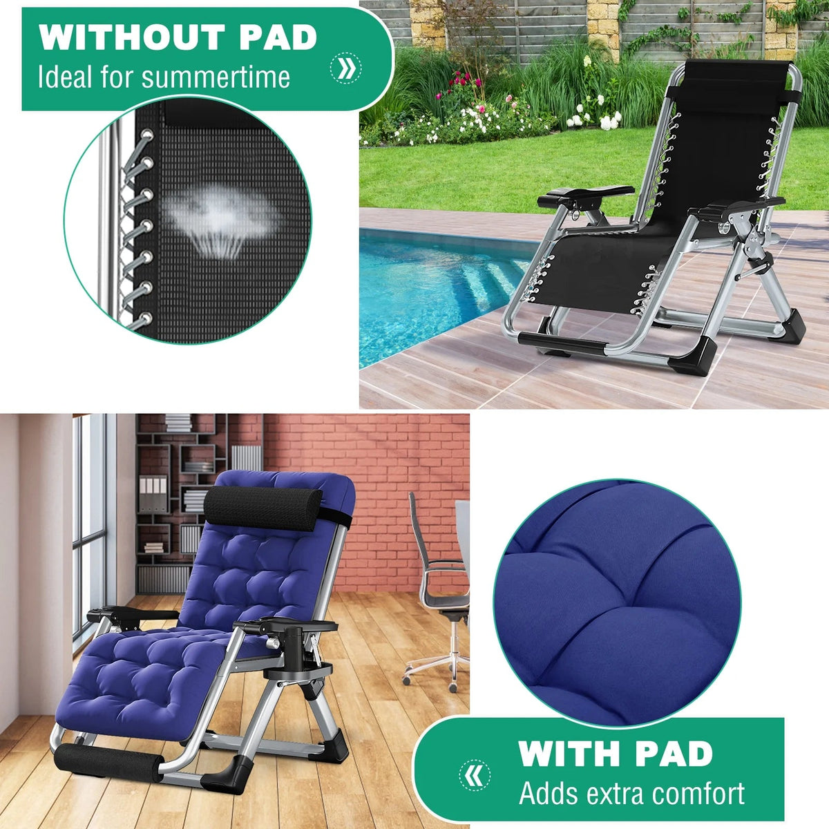 NAIZEA Zero Gravity Lawn Recliner Chairs, 2 Pack, Black