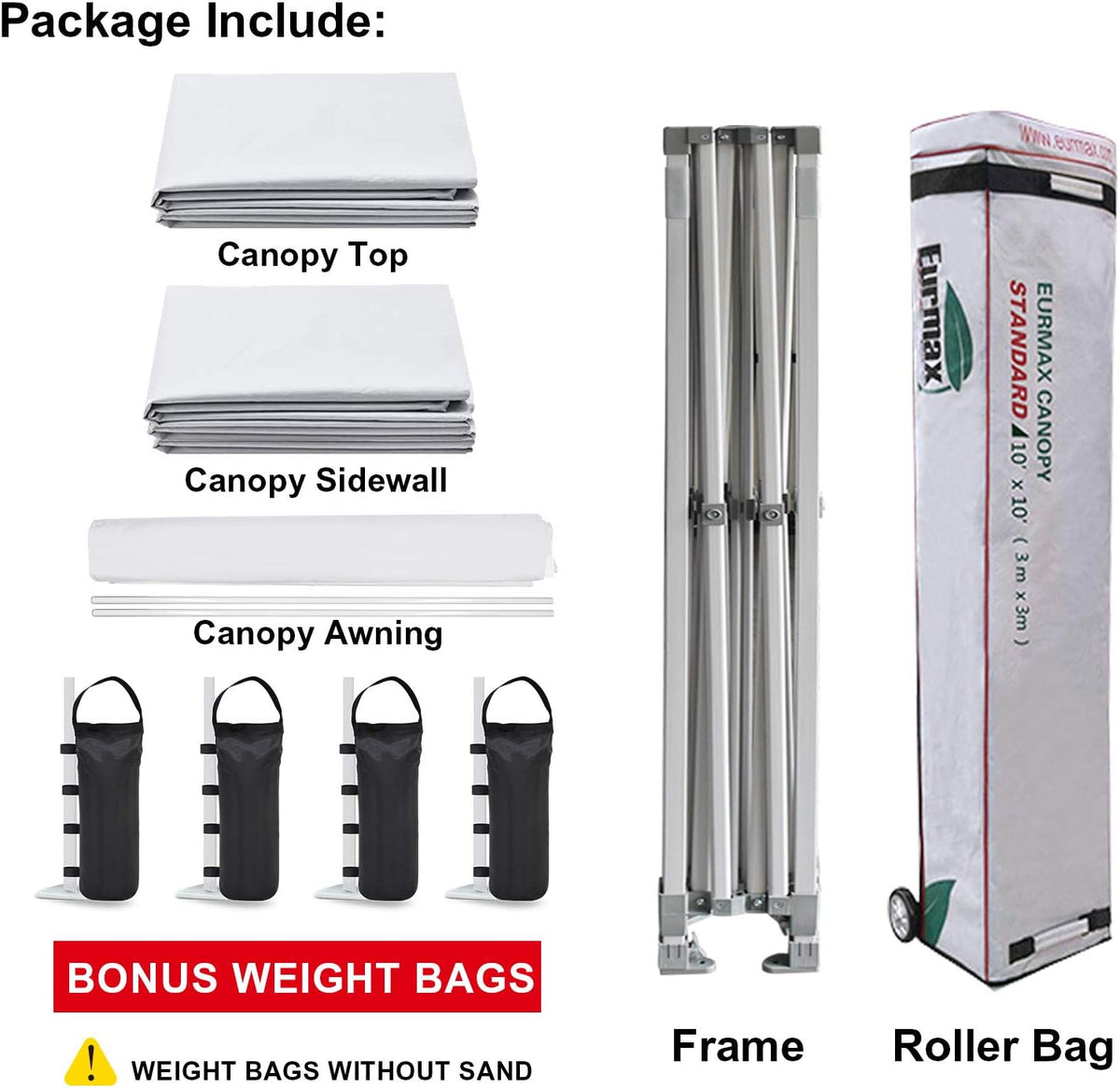 Eurmax USA 10 x 10 Pop-Up Commercial Canopy Tent With 4 Sidewalls, Roller Bag And Awning