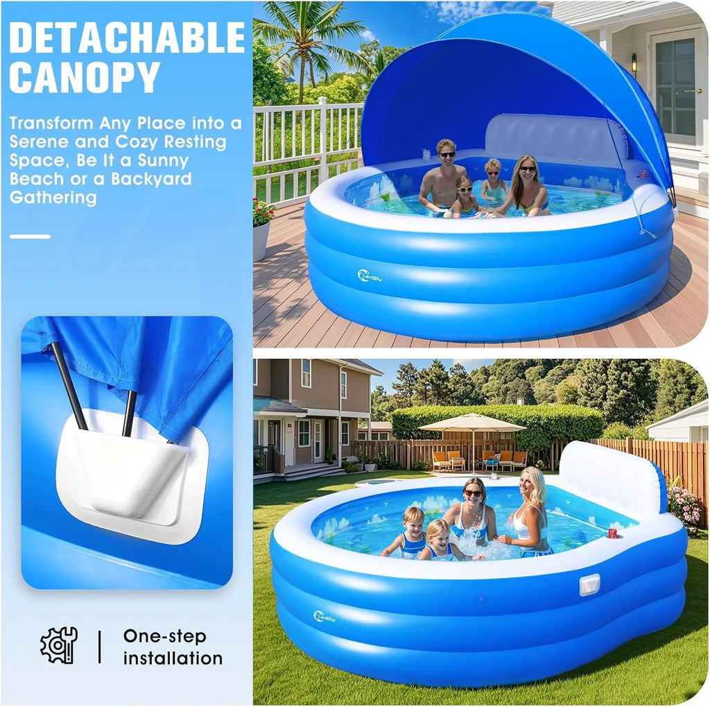Inflatable Family Lounge Pool With Canopy, Bench And Backrest, 92in x 92in x 26in - Blue