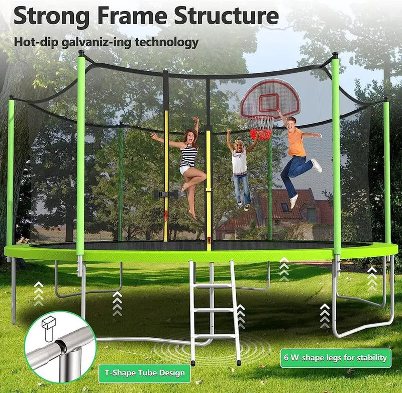 Trampoline With Enclosure Net And Adjustable Basketball Hoop - 8ft, 10ft, 12ft, 14ft, 15ft, 16ft