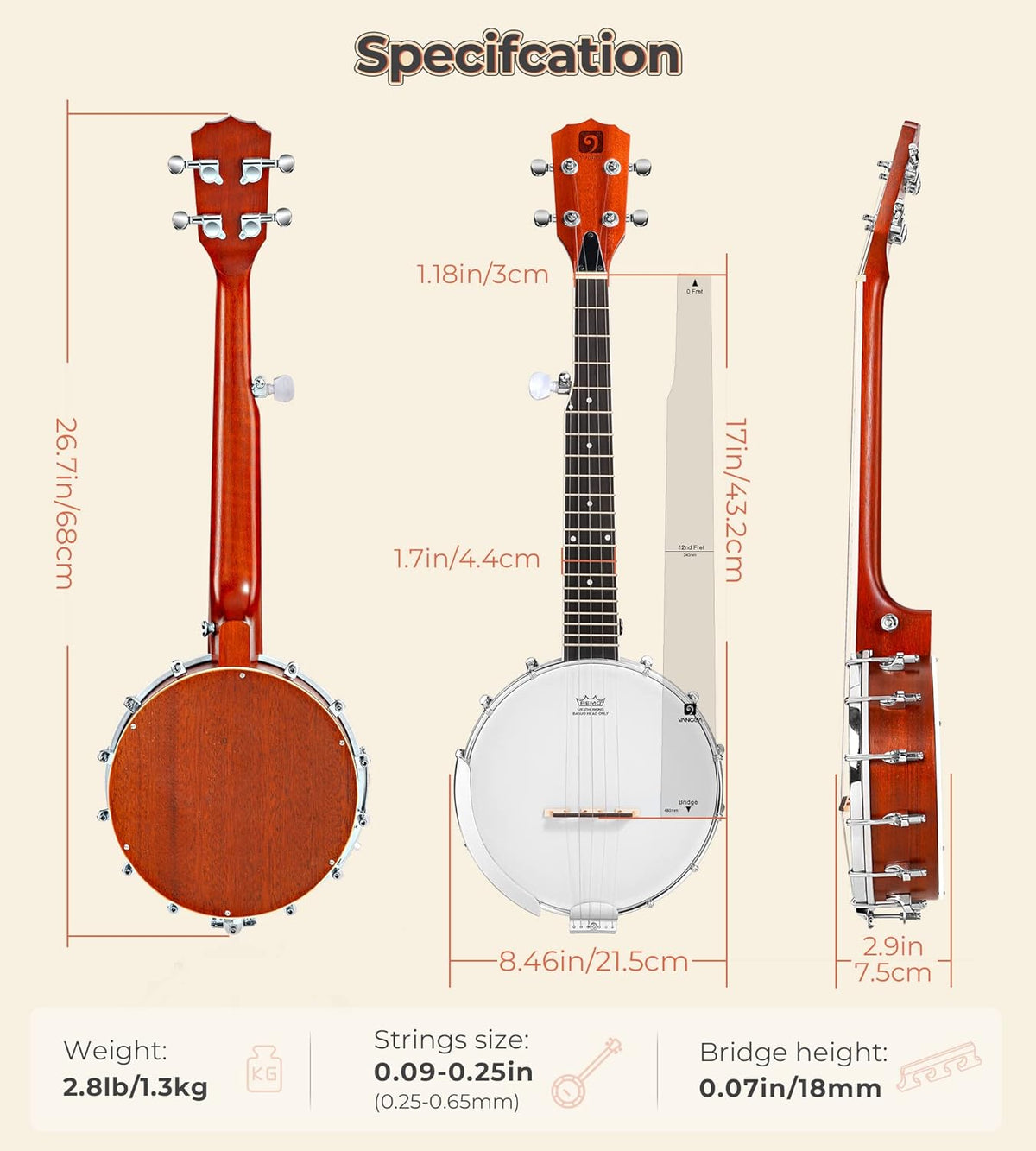 Vangoa 5-String 38 Inch Resonator Banjo Kit, Brown - VBJ-40