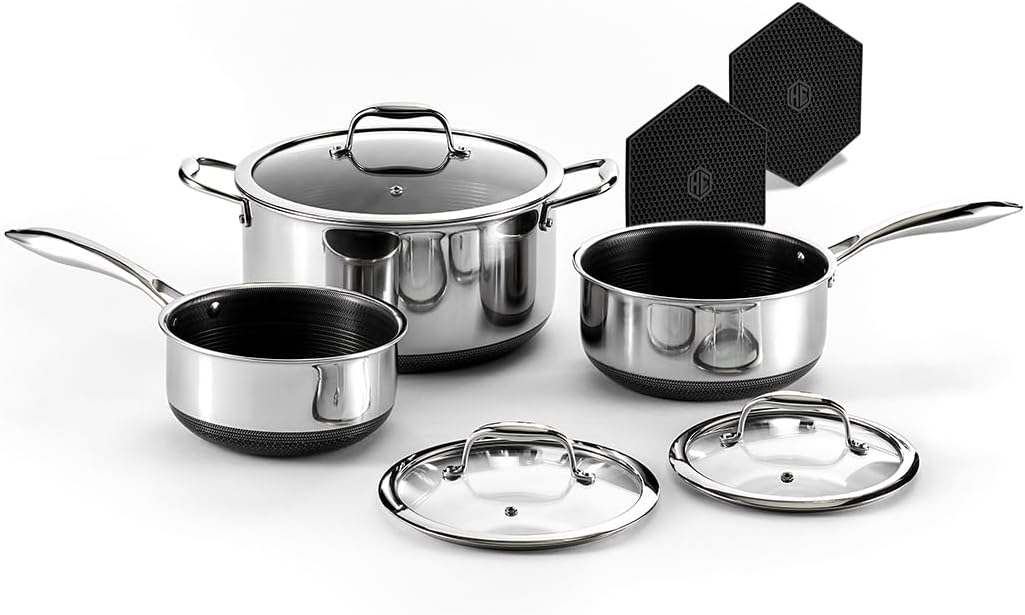 HexClad Hybrid Nonstick 6-Piece Pot Set With 2, 3, And 8-Quart Pots And 2 Silicone Trivets