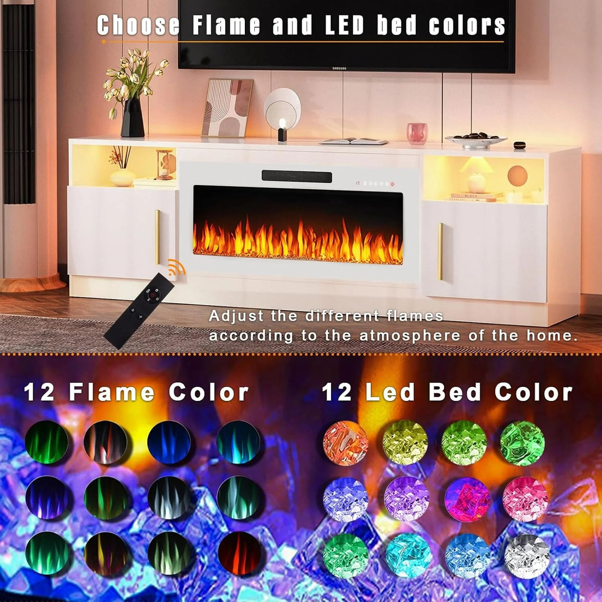 Waleaf TV Stand With 18 in Electric Fireplace And Adjustable Glass Shelves - TVs Up To 65 inch