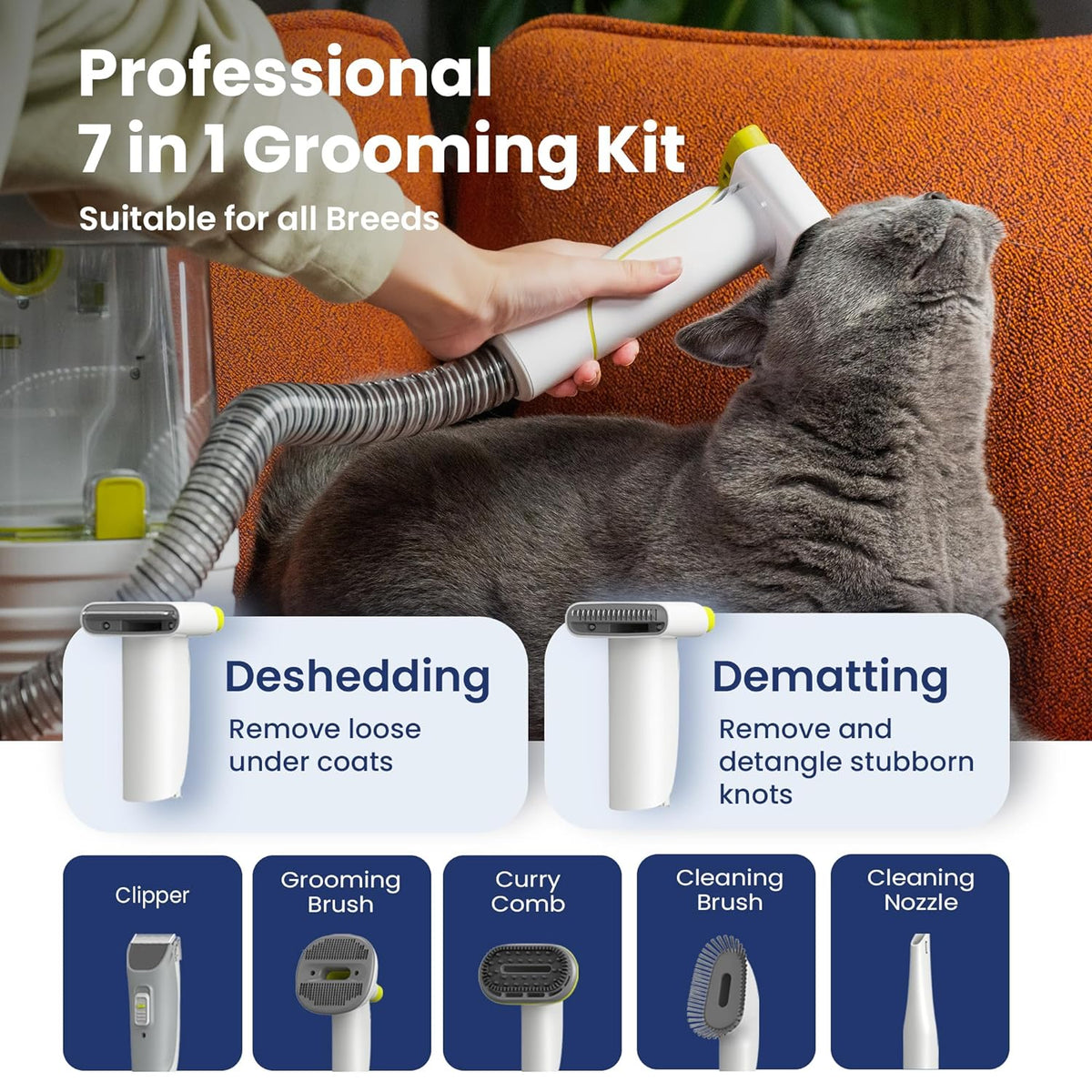 PAWSPIK Pet Grooming Vacuum Kit, 7 Tools, 6 Suction Levels, 2.2L Dust Bin - GroomingPro Rx