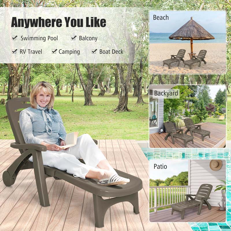 Rolling Folding Plastic Pool Lounge Chair With Armrests, 5 Position - Patio Deck Beach Chair