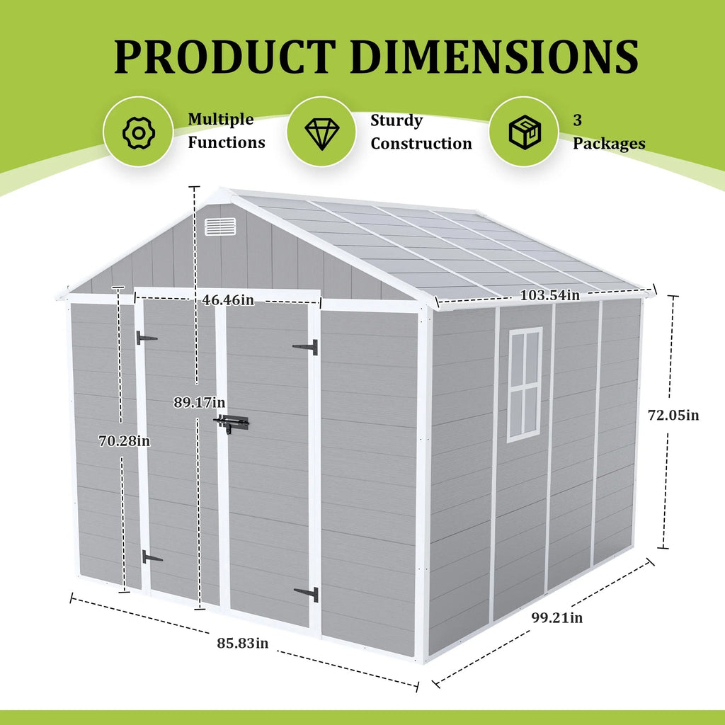 Seizeen Outdoor Resin Storage Shed, 41 Cu. Ft. / 306 Gal, Gray, 3 Doors With Floor