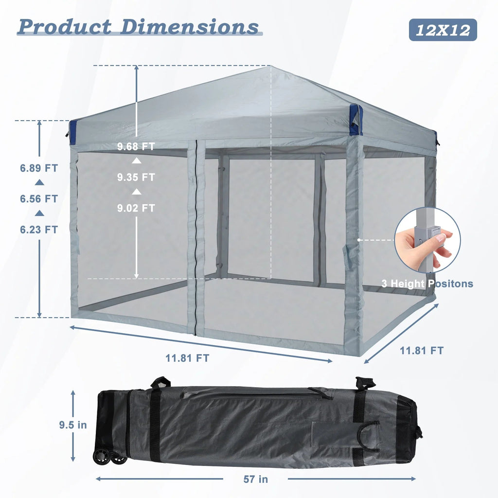 Aoodor Pop Up Canopy 12'x12' With Removable Mesh Sidewalls - Black