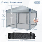Aoodor Pop Up Canopy 12'x12' With Removable Mesh Sidewalls - Black