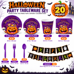 Halloween Paper Plates for Halloween Party Decoration Disposable Cups Napkins Table Cover for Halloween Banner Birthday Party Supplies Serve 20 Design 3