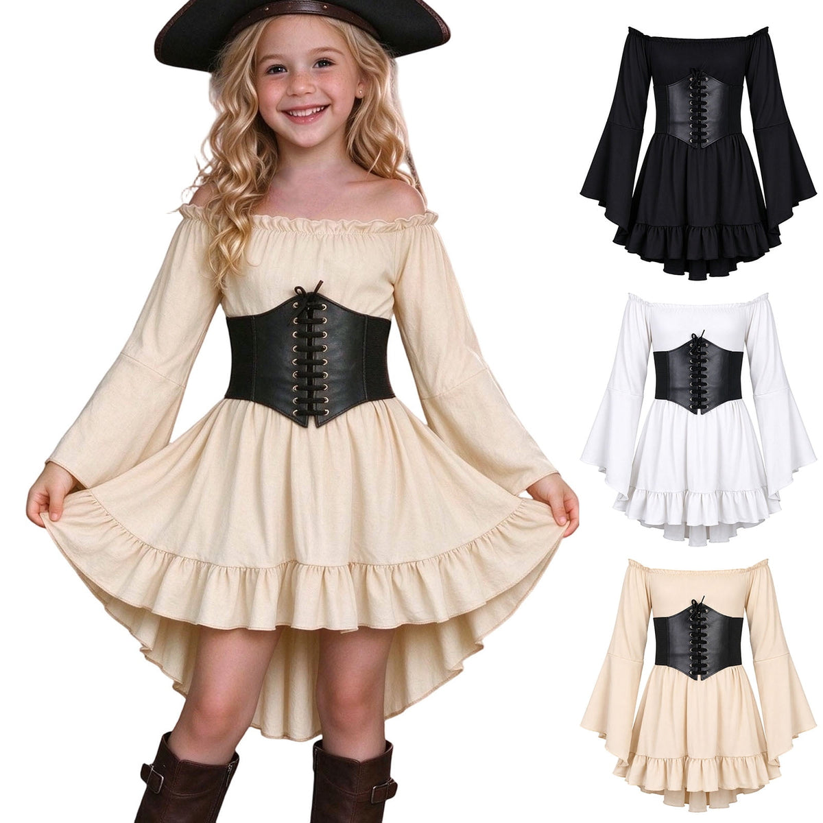 Kids Off the Shoulder Pirate Dresses with Sash Two Piece Set Pirate Costume Halloween Cosplay Halloween Costume Kids Size 4-14 Years