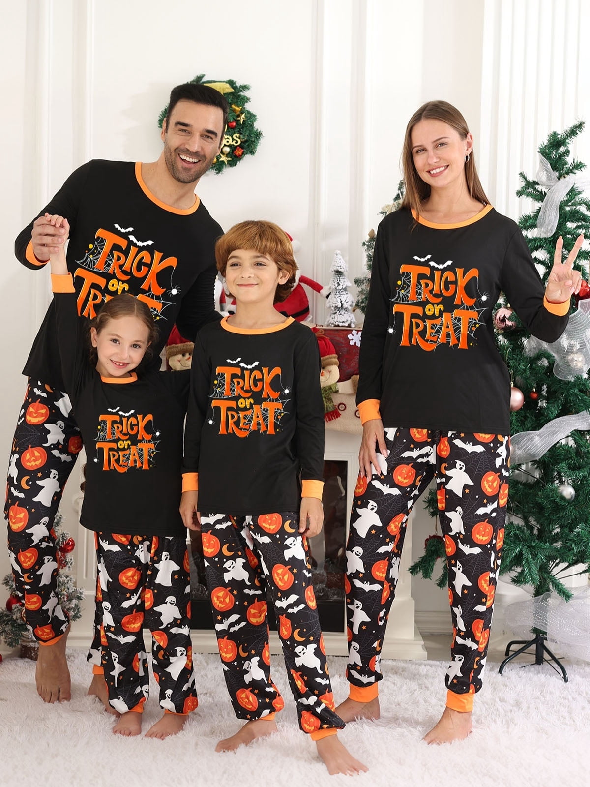 DAKIMOE Halloween Pajamas Family Matching Set Holiday Print Long Sleeve Jammies Loungewear PJs Set Sleepwear Adult Kids Men Women Toddler