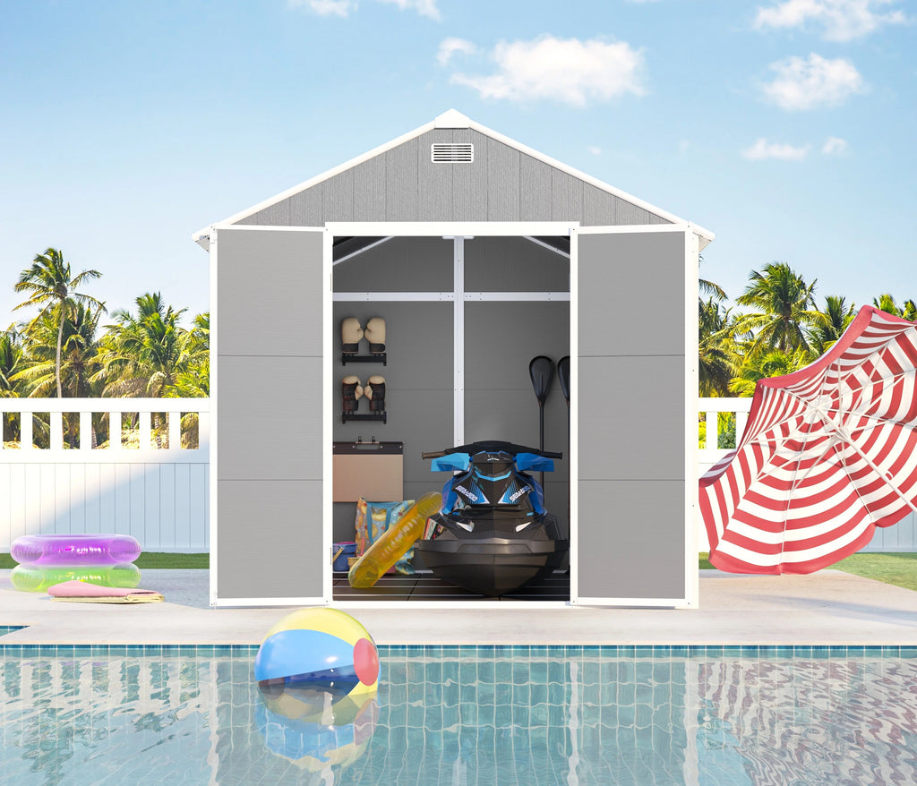 Seizeen Outdoor Resin Storage Shed, 41 Cu. Ft. / 306 Gal, Gray, 3 Doors With Floor