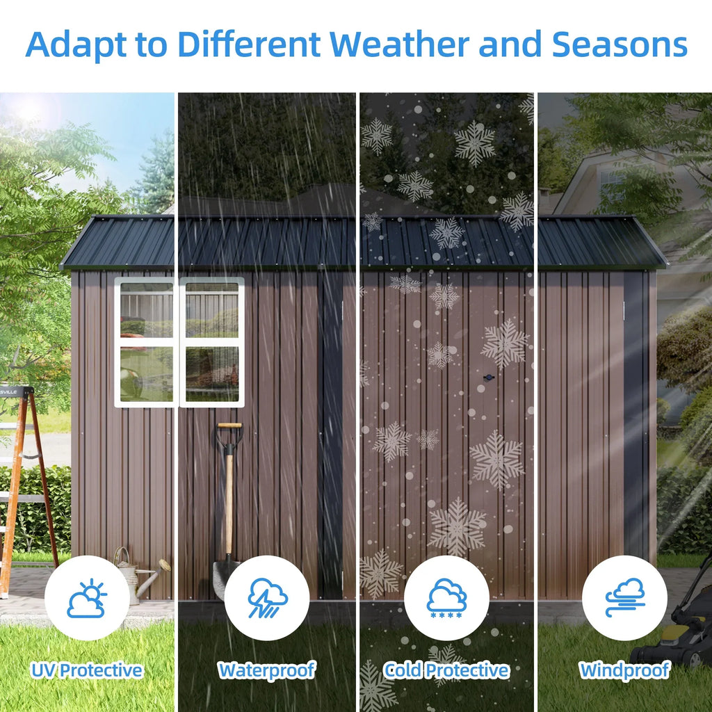 JAXPETY 10 x 10 ft Outdoor Metal Storage Shed With Window And Lockable Door - Brown