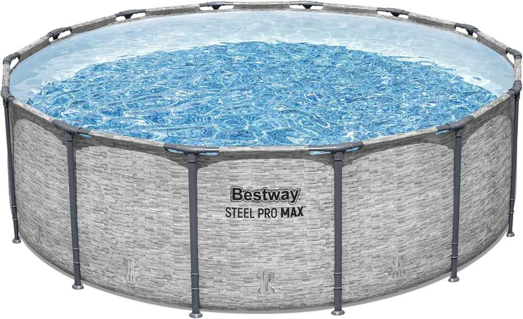 Steel Pro MAX 14 Foot x 48 Inch Round Steel Frame Above Ground Pool Set With 1,000 Filter Pump, Ladder And Cover - Gray