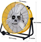 Tornado 24 Inch High Velocity 3-Speed Drum Air Circulator Fan, 7800 CFM, Yellow - HI-FAN-DRUM24-1P