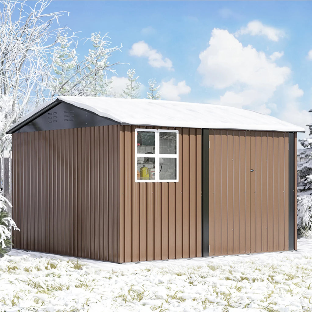 JAXPETY 10 x 10 ft Outdoor Metal Storage Shed With Window And Lockable Door - Brown