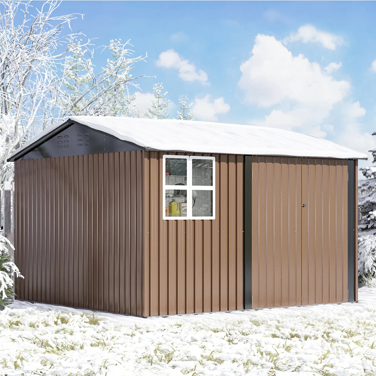 JAXPETY 10 x 10 ft Outdoor Metal Storage Shed With Window And Lockable Door - Brown