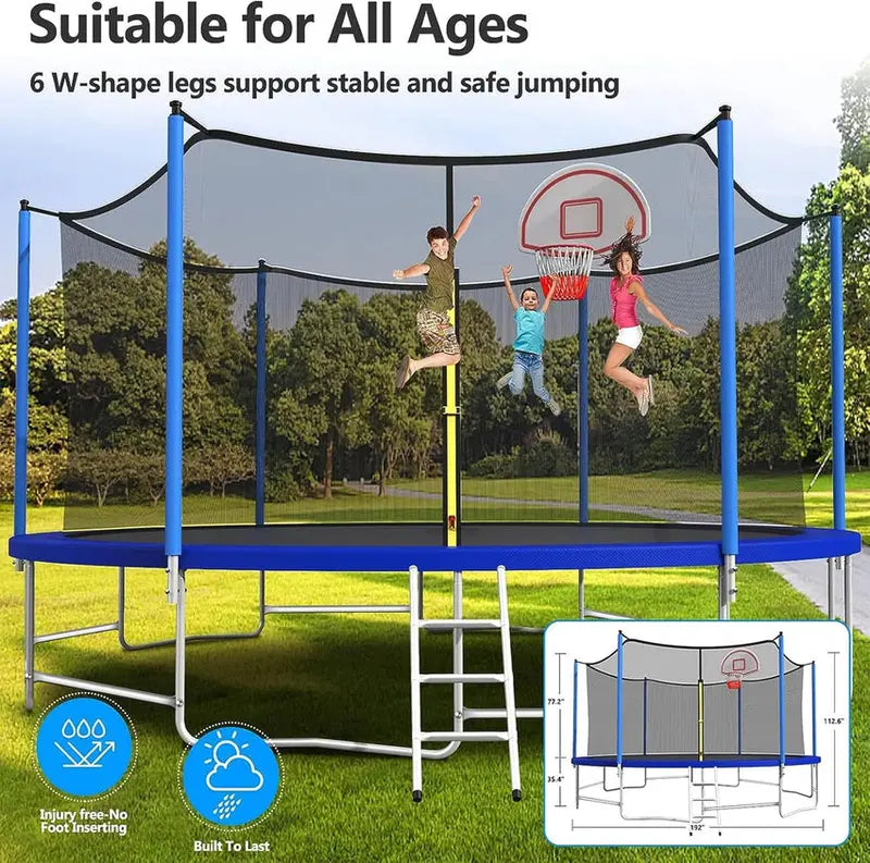 Trampoline With Enclosure Net And Adjustable Basketball Hoop - 8ft, 10ft, 12ft, 14ft, 15ft, 16ft