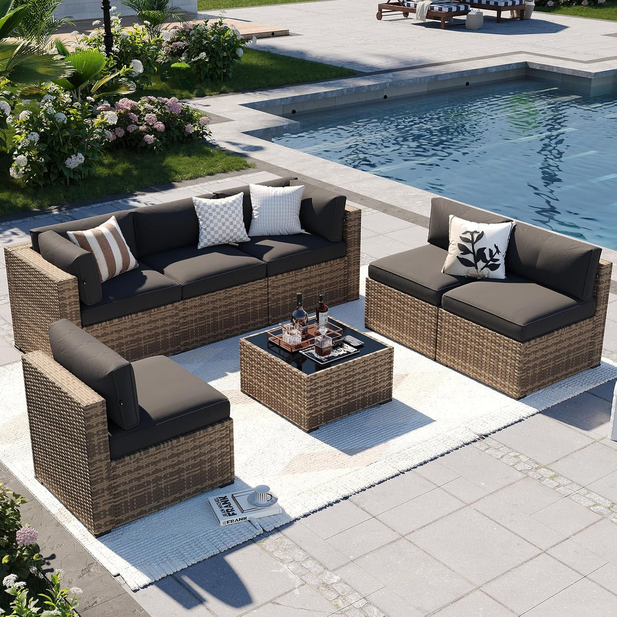 Aoxun 7-Piece Outdoor Wicker Patio Conversation Set With Thick Cushions