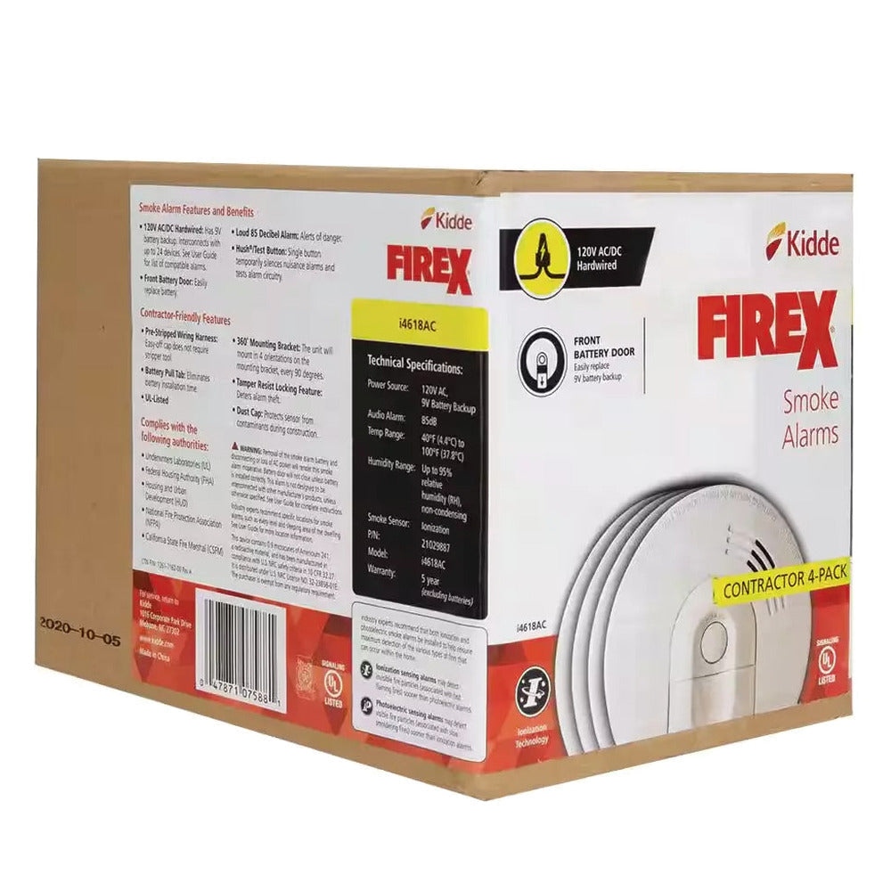 Kidde Firex Hardwired Ionization Smoke Detectors With Battery Backup, 4-Pack - i4618