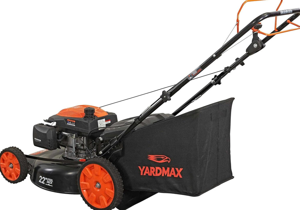 YARDMAX 22 inch Gas Self-Propelled Lawn Mower, 201cc, 6-Speed CVT, High Wheel RWD, 3-in-1, Black